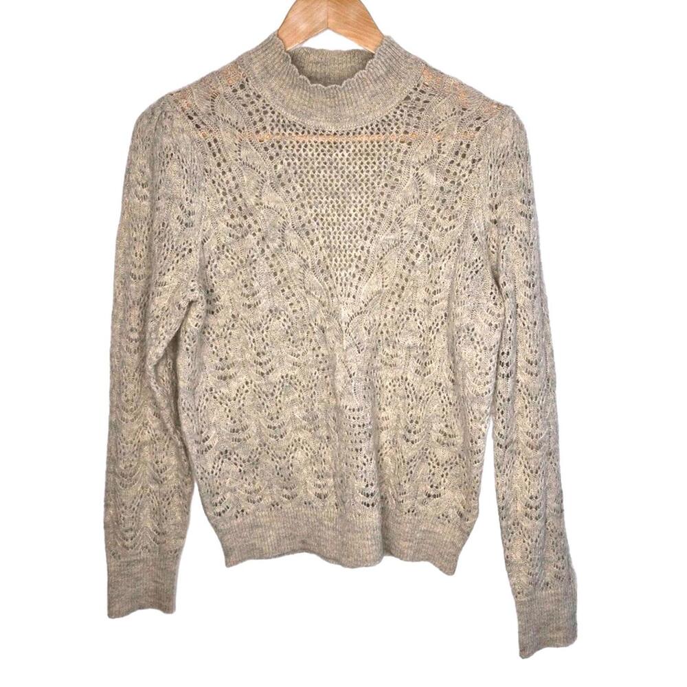 😀Lacy Open Knit Relaxed Sweater. Oatmeal coloured Victorian Detail Neck Med